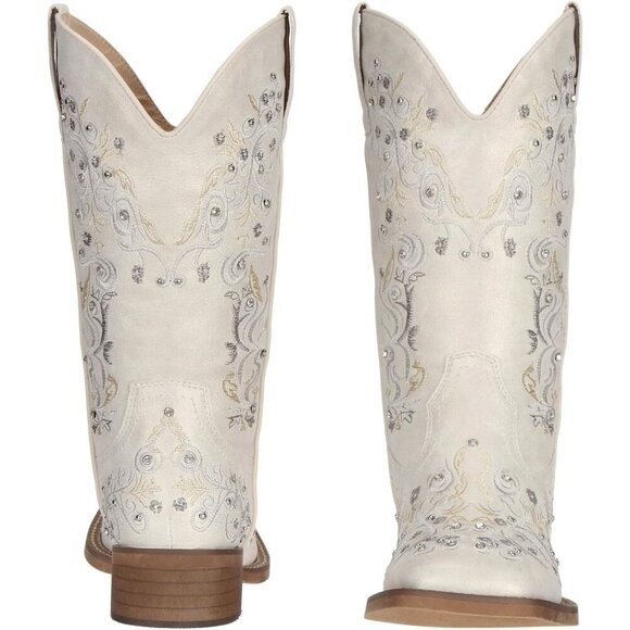 White Women's Cowboy Boots Square Toe Rhinestone Mid Calf Floral Western - Picture 2 of 7